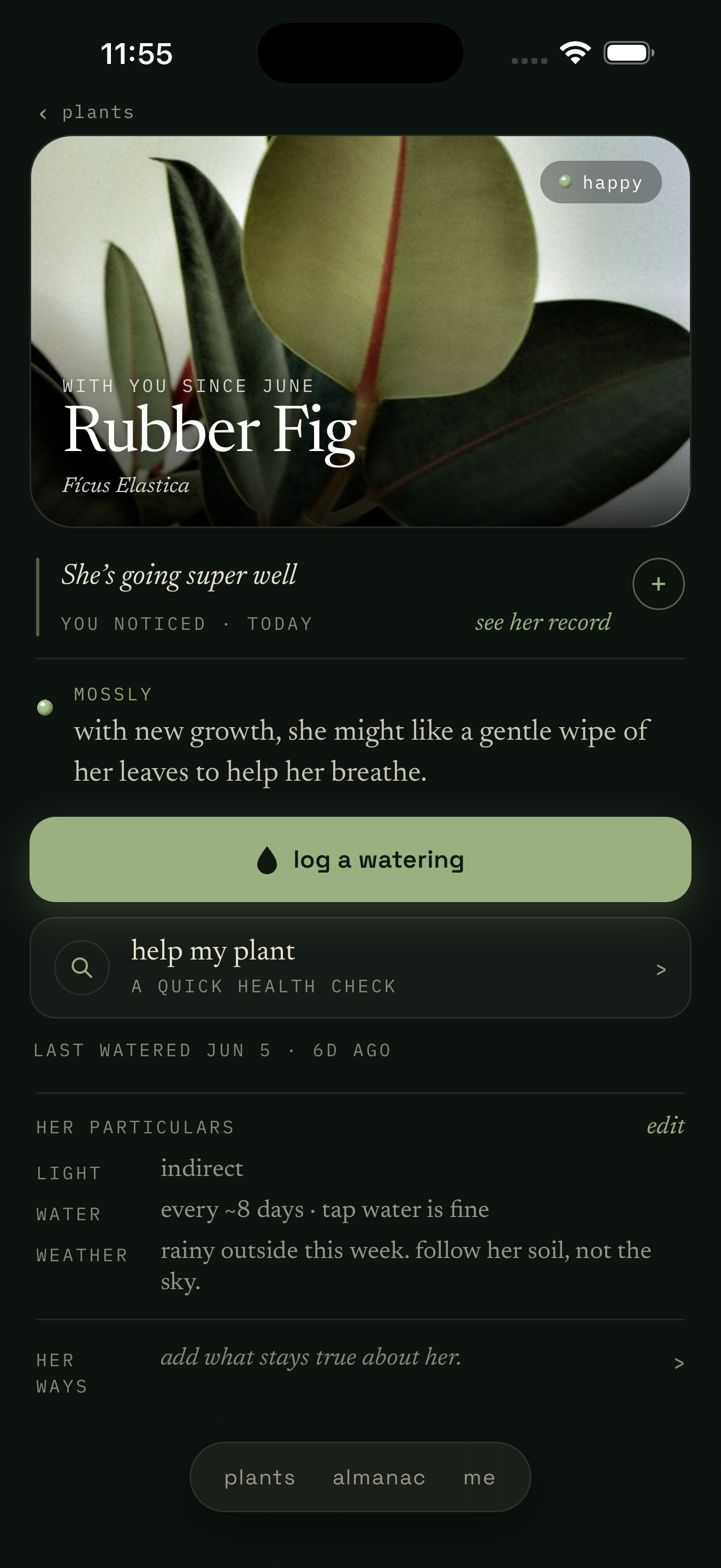A plant's profile in Mossly: her particulars, a watering log, and a gentle note in her voice.